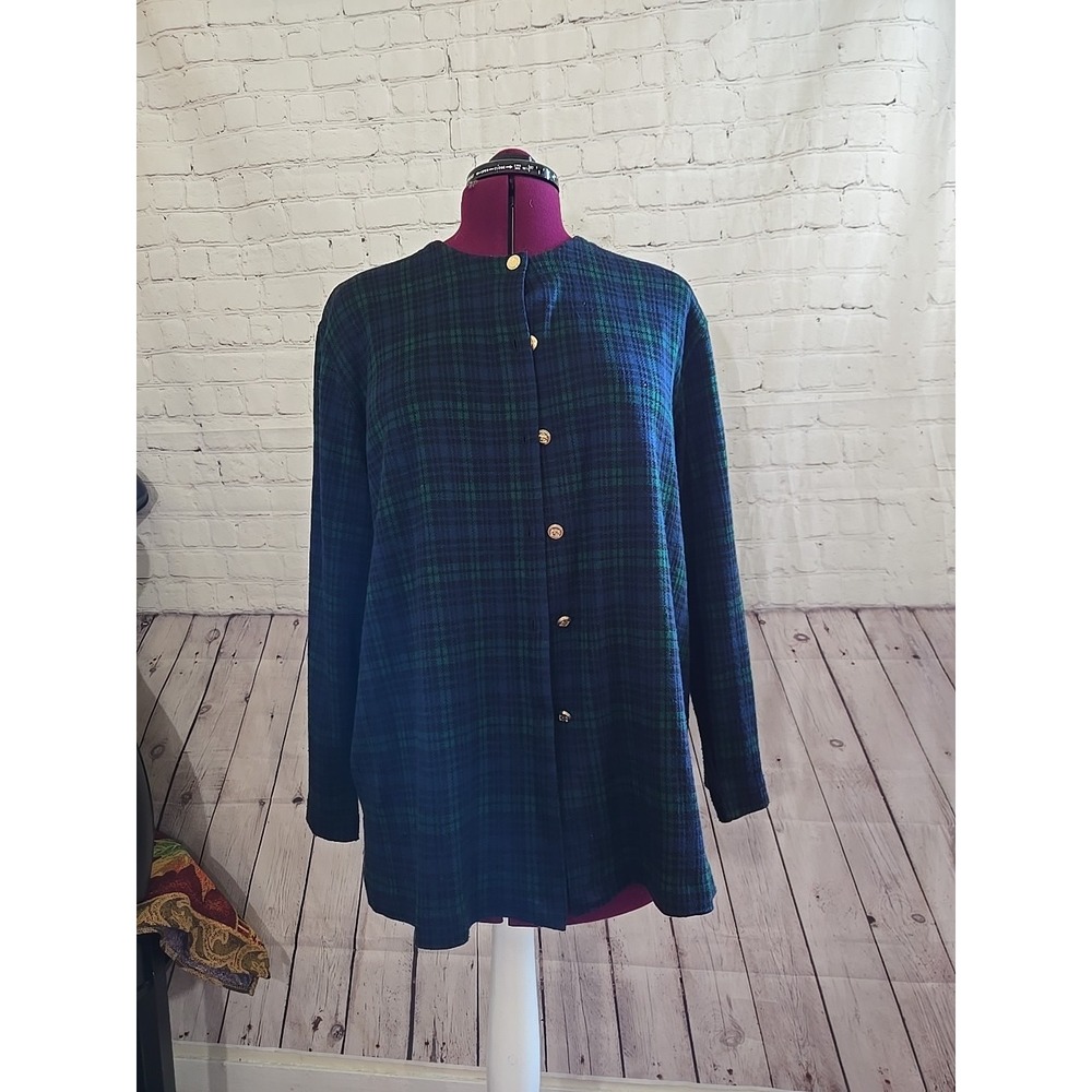 Vtg Tartan Plaid Blue Green Button Up Cardigan CLASSIC Preppy Academia Sz XL